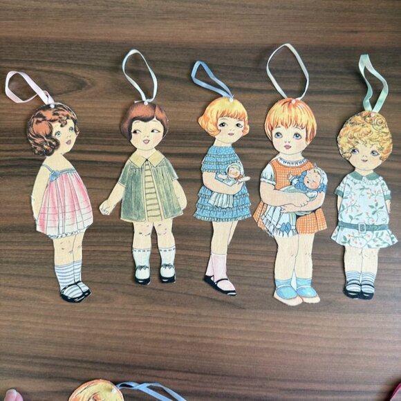 Antique 1920s Paper Fabric Doll Cut Outs Christmas Ornaments With Ribbons - Picture 2 of 10